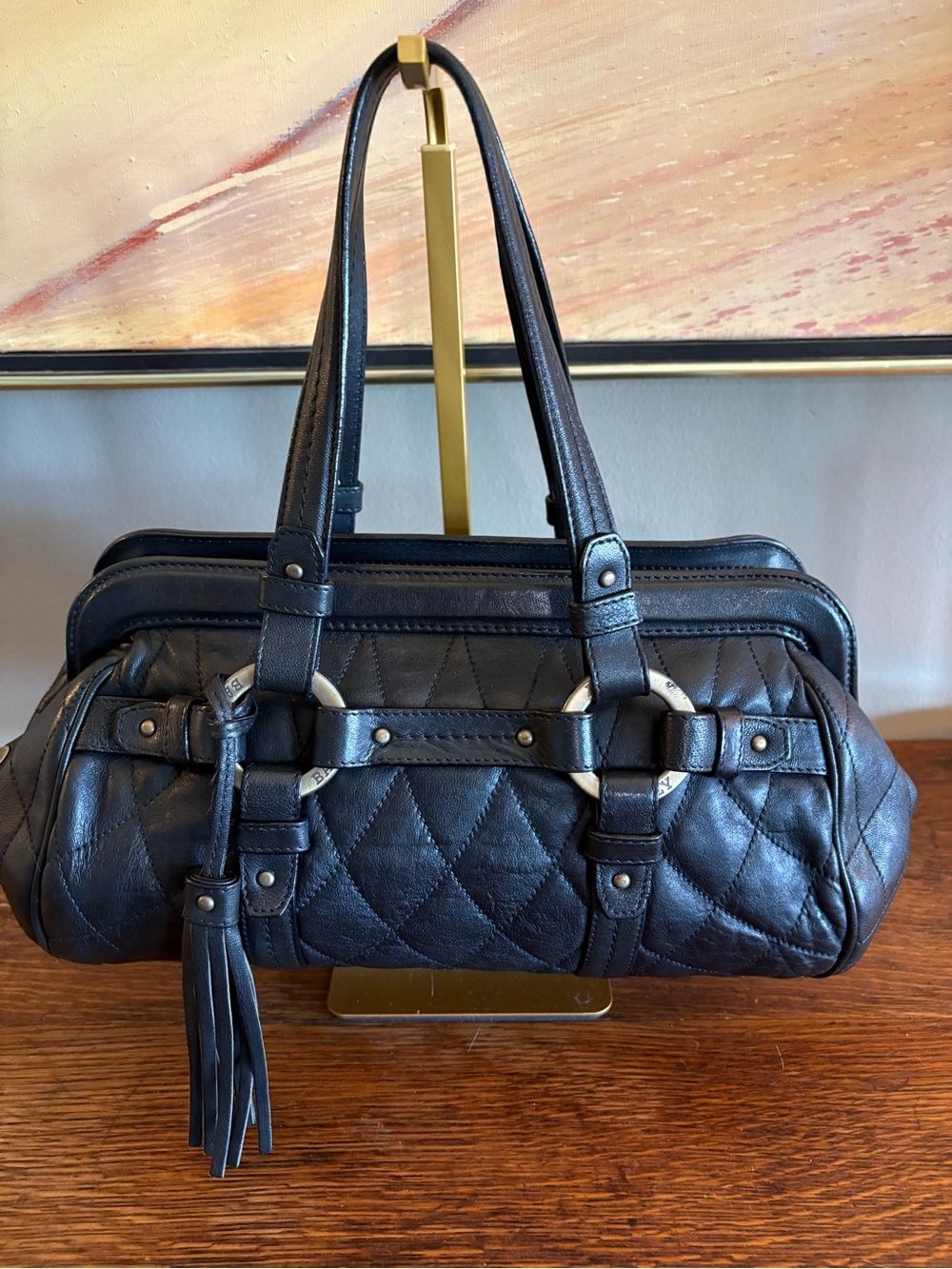 Bally Vintage Quilted Leather Rosalyn Tassel Satchel Bag Black Y2K